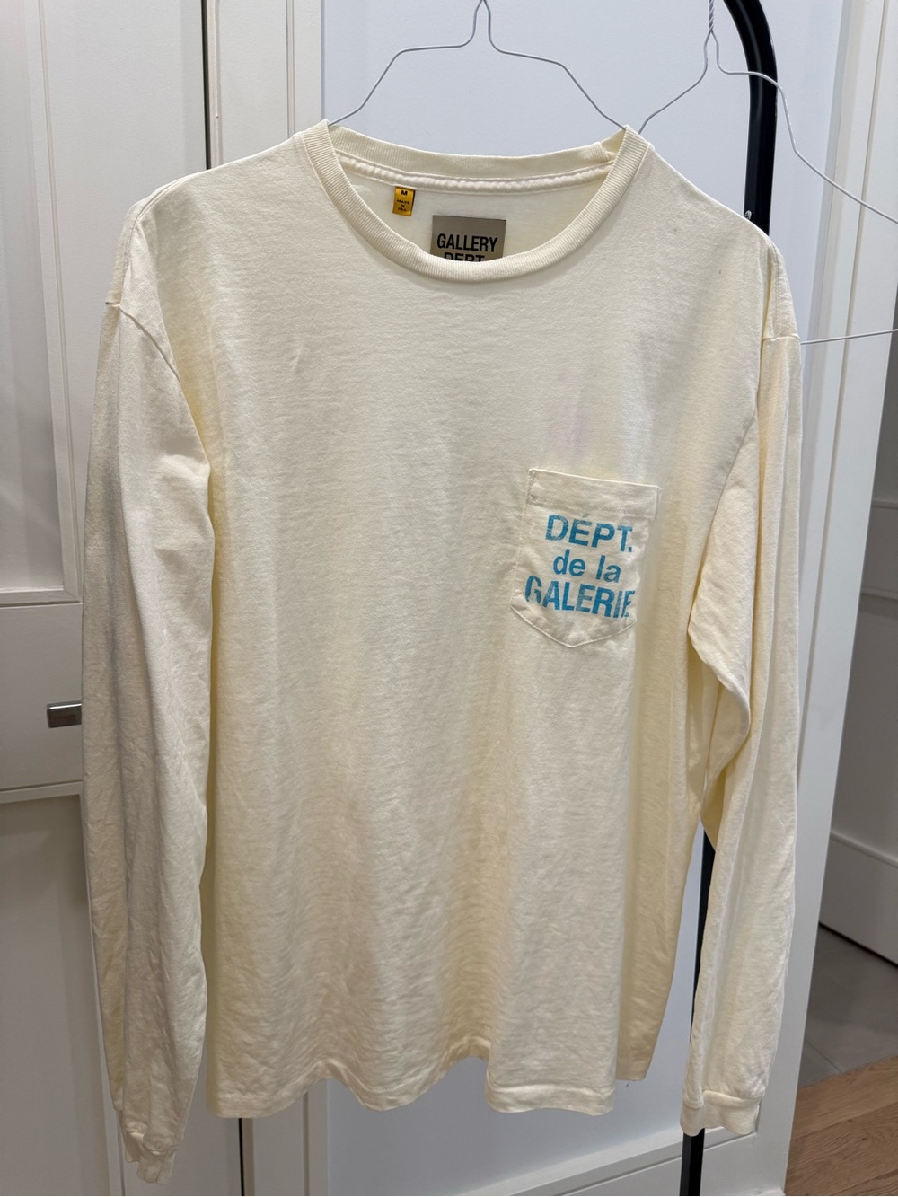 Gallery Dept Cream Long Sleeve Pocket Tee with Blue Chest Print